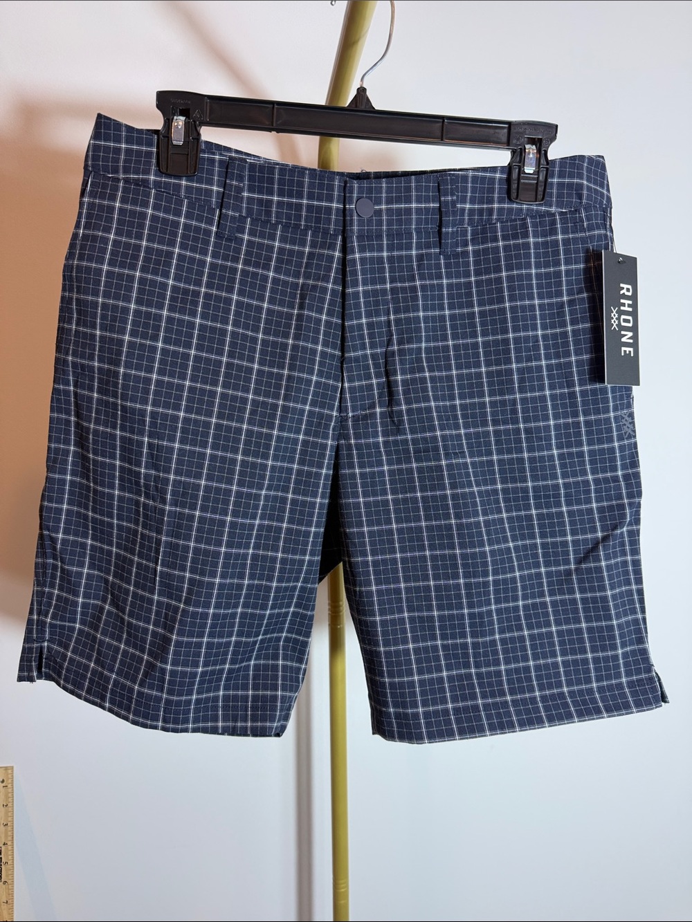 NWT Rhone Dune Golf Shorts 30 Navy Plaid 9" Performance Stretch Golf
